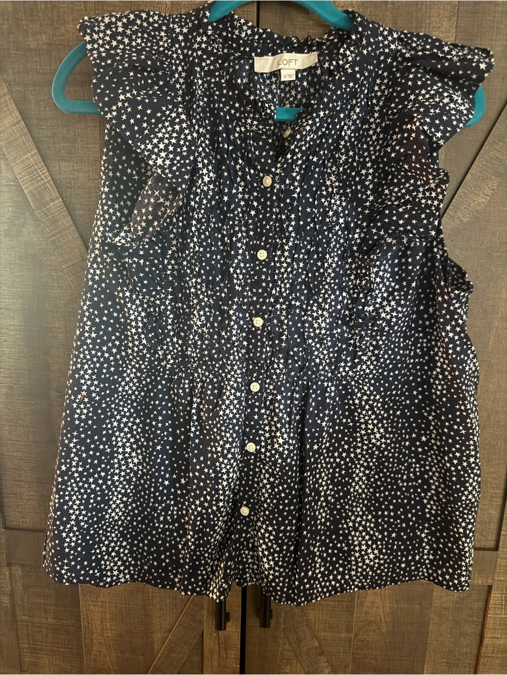 LOFT Navy Blue Star Print Ruffle Sleeve Button-Front Blouse